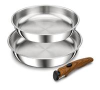 ROYAL SWISS Lot de 3 poêles en acier inoxydable argenté 24/28 cm avec poignée amovible, poêles non revêtues, sans PFOA, induction, gaz, électrique, céramique, halogène, passe au lave-vaisselle