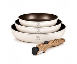 Royal Swiss Lot de Poêles 4 Pièces Beige, 20/24/28 cm avec Manche Amovible, Revêtement Marbre Antiadhésif Sans PFAS PFOA, Induction Tous Feux, Compatible Four Sans Poignéec