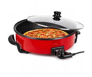 Royal Swiss® Poêle Électrique Multifonction 42 cm - 1500 W | Pizza, Paella, Grill, Crêpes | Antiadhésif | Couvercle Verre | Température Réglable | Nettoyage Facile. (Rouge, 42cm)