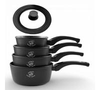Royal Swiss® Set de casseroles 5 pièces avec poignée amovible - 14/16/18/20 cm + couvercle en verre universel - Induction tous feux - Empilable, gain de place (Noir, 5 pcs)