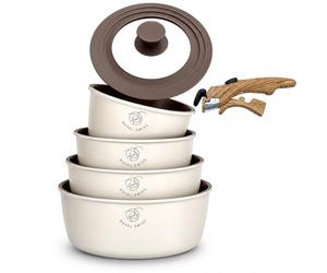 Royal Swiss® Set de casseroles 6 pièces avec poignée amovible - 14/16/18/20 cm + couvercle en verre universel - Induction tous feux - Empilable, gain de place