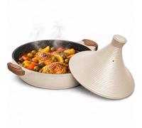 Royal Swiss® Tajine Cocotte en aluminium avec revêtement antiadhésif en céramique - Couvercle conique - Pour tous types de feux dont induction et four - Crème - 32 cm - 5 l