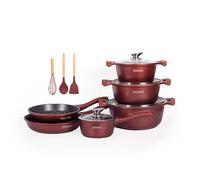 ROYALTY LINE, Ensemble de 13 pièces, Batterie de Cuisine en aluminium moulé, revêtement marbré, avec poignées en silicone amovibles, compatible tous feux, Couleur Bronze, Burgundy