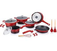 ROYALTY LINE, Ensemble de 17 pièces, Batterie de Cuisine en aluminium moulé, revêtement marbré, avec poignées en silicone amovibles, compatible tous feux, 24-28 cm, Rouge