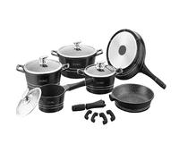 Royalty Line - RL-ES1014M - Lot de 14 casseroles et poêles en pierre de lave avec couvercle, pour une utilisation professionnelle et domestique noir