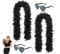 RQcMid Lot de 2 boas à plumes noires, 2 m, 60 g, plumes noires avec 2 lunettes de soleil en forme de cœur, boa à plumes pour fête d'Halloween, carnaval, séance photo, mariage, performance sur scène