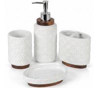 RQYIXI Ensemble d'accessoires de Salle de Bain en céramique gaufrée avec Bois brûlé Marron foncé, Motif Treillis marocain, Distributeur de Savon pour comptoir, Blanc (Treillis marocain)