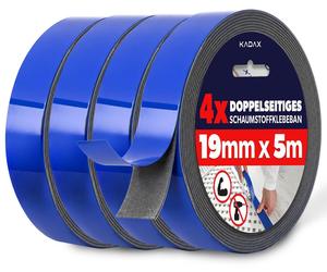 Ruban adhésif double face KADAX 19 mm x 5 m, 4 rouleaux, ruban de montage extra-résistant en mousse PE, ruban adhésif double face en mousse pour le verre, le métal, le plastique et le bois