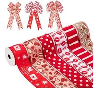 Ruban Cadeau Satin Bordure Fil Métallique Rubans Décoratifs Motifs Saint-Valentin Lot De 6 Rouleaux 4,5 M X 6 Cm Rouge Pour