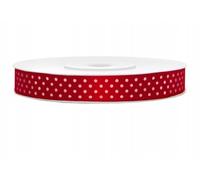 Ruban de satin rouge à pois - Longueur 25 m - 12 mm de large - Motif à pois blancs - Point de rivets - Blanc