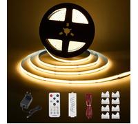 Ruban Led Cob Blanc Chaud 5 Mètres - Kit D'Éclairage Sous Meuble Avec Télécommande Rf Pour Vitrine, Cuisine, Bureau, Étagère
