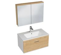 RUBITE Meuble salle de bain simple vasque 1 tiroir couleur - Chêne, Modèle - largeur 80 cm + miroir armoire