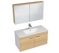 RUBITE Meuble salle de bain simple vasque 2 portes couleur - Chêne, Modèle - largeur 100 cm + miroir armoire