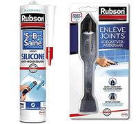 Rubson Mastic Salle de bain Saine Blanc, Joint silicone multi-matériaux renforcé en antifongiques, 280 ml & Rubson Enlève Joint à double embout, Outil pour enlever facilement les joints en silicone