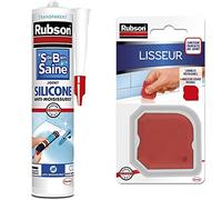 Rubson Mastic Salle de bain Saine Blanc, Joint silicone multi-matériaux renforcé en antifongiques, mastic sanitaire blanc, 280 ml & Lisseur, outil pour lisser tous les types de joints