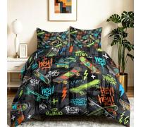 Rue Graffiti Réversible Couette, Multicolore Edredon Lit Légère Imprimée Couettes, Skateboard Texte Couettes Matelassée pour Enfants Adultes, 155 x 220 cm Couette sans Housse avec 2 Taies d'oreiller