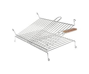 RUECAB 1086 Grille de Barbecue Double sur Pieds Inox Poignée Bois Argent 30 x 40 cm, NC, Acier Chromé