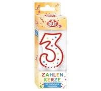 RUF Bougie d'anniversaire numéro 3 Rouge avec étoiles multicolores Bougie d'anniversaire de qualité supérieure avec protection anti-goutte, idéale comme décoration de gâteau, 1 pièce