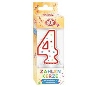 RUF Bougie d'anniversaire numéro 4 Rouge avec étoiles multicolores Bougie d'anniversaire de qualité supérieure avec protection anti-goutte, idéale comme décoration de gâteau, 1 pièce