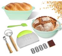 Ruiaqer 2 Bannetons Pliables en Silicone,Corbeille à pain de 28 cm, panier à fermentation pour la cuisson du pa in, p ain au levain, kit de démarrage, grattoir à pâte et brosse à huile, kit de pain