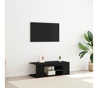 RuiNingRN Meuble TV bas 90 x 39 x 30 cm aspect chêne noir en bois avec espace de rangement, étagère, tiroirs, gestion des câbles, bande LED USB pour salon et chambre à coucher