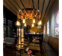 RuiRfh 6 lumières industrielle vintage suspension lustre corde de chanvre roue de chariot en métal noir style art déco rustique luminaire de plafond suspendu hauteur réglable pour salle à manger salon