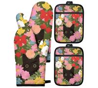 Ruispeed 4-teiliges Ofenhandschuhe- und Topflappen-Set aus Baumwolle mit Katzen-Blumen-Muster, résistance à la Chaleur, avec Boucle de Suspension, Ensemble Printemps pour Cuisine de Campagne