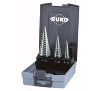 RUKO Jeu de forets étagés HSS à 3 taillants dans les tailles 0/9, 1, 2 en cassette plastique 3 pcs 101326RO