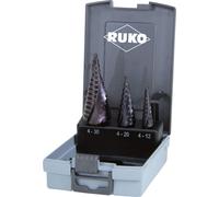 RUKO Jeu de forets étagés HSS-TiAlN cannelés en spirale 3 pièces Ø 4 - 12 / 4 - 20 / 4 - 30 mm dans un boîtier en plastique - 101026FRO