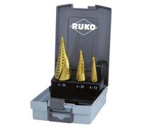 RUKO Jeu de forets étagés HSS-TiN à cannelure spirale Tailles 0/9 / 1 / 2 3 pièces dans un coffret en plastique - 101026TRO