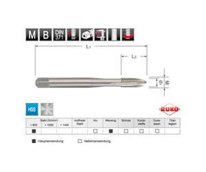 Ruko Ruko Module Taraud machine droit entrée GUN, DIN 371 / 376 HSS + HSS Co 5 + HSS-TiN rectifié, forme B en Quadro Pack Quantité:1