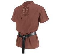 RUMAOZIA Vêtements médiévaux pour homme - Tunique à manches courtes Richard - Chemise médiévale - Chemise de loisirs - Costume de carnaval - Tunique Viking - Vêtement en coton - Col en V - Ourlet