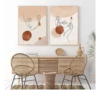Rumlly Abstrait Femme Visage Dessin Au Trait Imprimer Boho Décoration Murale En Terre Cuite Minimaliste Stretch Et Cadre Mur Art Toile Peinture 30x50cmx2 avec cadre
