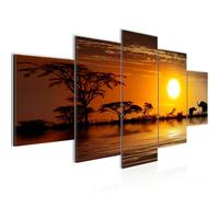 Runa Art Tableau mural Afrique L'Éléphant 5 Parties Impression sur Toile Intissee Decotation Salon Panorama Savane Orange 000552a