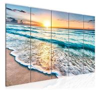 Runa Art Tableau mural XXL Le Coucher Du Soleil Plage 200 x 80 cm Beige Bleu 5 Parties - 023755a