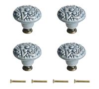 Rundago Lot de 4 Bouton de Meuble Vintage en Céramique - Poignée de Tiroir Ronde à Motifs en Relief - Bouton de Porte de Placard Décoratif avec Vis pour Cuisine, Armoire, Commode et Salle de Bain