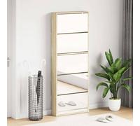 Runheo Armoire à chaussures avec 5 compartiments pliants et miroir en chêne 63 x 17 x 169,5 cm, armoire de couloir étroite peu encombrante, idéale comme étagère à chaussures
