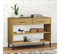 Runheo Armoire Console Oslo en pin Massif Marron avec Pieds métal, 2 tiroirs et Compartiments Ouverts, Meuble de Rangement Industriel pour Salon Couloir Bureau entrée, décor Vintage Fonctionnel