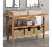 Runheo Armoire de Salle de Bain en Teck Massif avec 2 lavabos en marbre crème, 3 paniers posidonie, Meuble lavabo Rangement sous Vasque, tiroirs et Porte pour Salle de Bain, Toilette, buanderie