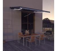 Runheo Auvent avec capteur de vent et éclairage LED, cadre en aluminium revêtu par pulvérisation, 500 x 300 cm, bleu et blanc, extensible avec manivelle, résistant aux UV, imperméable, idéal pour