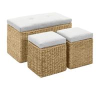 Runheo Banc avec 2 ottomans en jonc de mer gris rembourré, 75 x 38 x 46 cm, banc rembourré avec espace de rangement, rangement pour couloir, couloir, chambre à coucher, banc coffre avec coussin, banc
