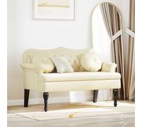 Runheo Banc Chesterfield en cuir synthétique crème 120,5 x 65 x 75 cm avec rembourrage et boutonnière - Banc en bois avec 2 coussins - Pour couloir, chambre à coucher, garde-robe pour salon et salle à