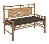 Runheo Banc de jardin en bambou 120 cm avec dossier et coussin imperméable, résistant aux intempéries, pour terrasse, balcon et véranda, banc stable en bois massif pour extérieur et jardin d'hiver