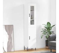 Runheo Buffet Haut Blanc en Bois d'ingénierie 34,5x34x180 cm, Meuble de Rangement avec Portes, Pieds en métal, adapté Salon Salle à Manger entrée Bureau pour Organisation décor