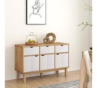 Runheo Buffet OTTA Marron Blanc en Bois Massif pin 114x43x73,5 cm avec tiroirs Portes, Meuble de Rangement Salon Salle à Manger Cuisine, Console Armoire desserte Rangement décoratif Stable