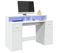Runheo Bureau avec lumières LED Blanc 140x55x91 cm en Bois d'ingénierie pour Espace de Travail et Gaming - Meuble Ordinateur avec tiroirs, étagères, éclairage RGB, Robuste, Facile à Entretenir