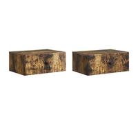 Runheo Cabinet de Chevet Mural chêne fumé Bois d'ingénierie 49 x 34,5 x 20 cm, 2 tiroirs, Rangement Suspendu pour Chambre Salon lit Adulte Enfant, Meuble Commode Bout canapé Vintage Moderne