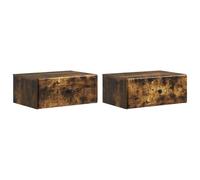 Runheo Cabinet de Chevet Mural en chêne fumé 2 pcs 49 x 34,5 x 20 cm avec tiroirs et étagères, Meuble de Rangement Suspendu Moderne pour Chambre, Salon, dortoir Adulte et Enfant