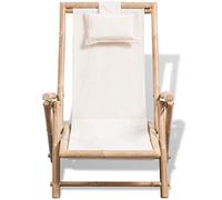 Runheo Chaise de terrasse d'extérieur en Bambou avec Dossier inclinable 4 Positions Toile Blanche Pliable Confortable pour Jardin Balcon Patio Piscine Camping détente Repas