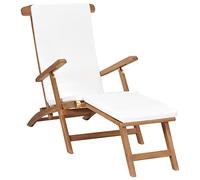 Runheo Chaise longue avec coussin blanc crème, bois de teck massif, pliable et réglable, dossier ergonomique, chaise longue de jardin résistante aux intempéries pour terrasse, balcon, camping et